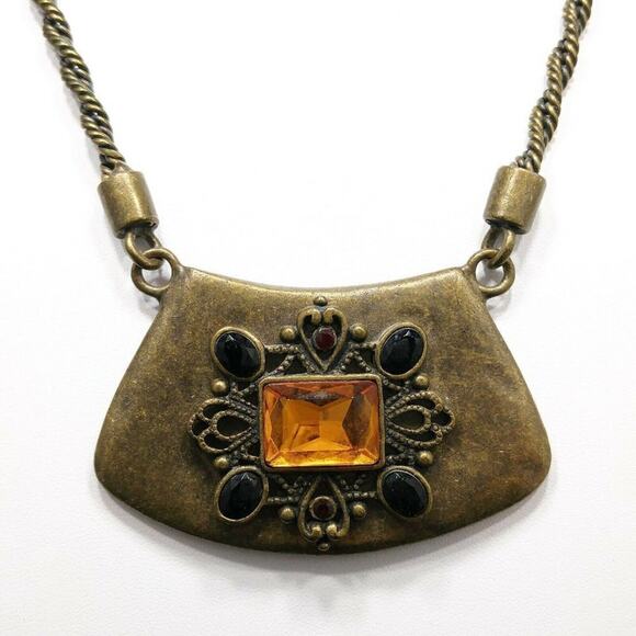 Chico’s Brass Tone Pendant Necklace Topaz Black Red Stones Boho Statement - Picture 2 of 8